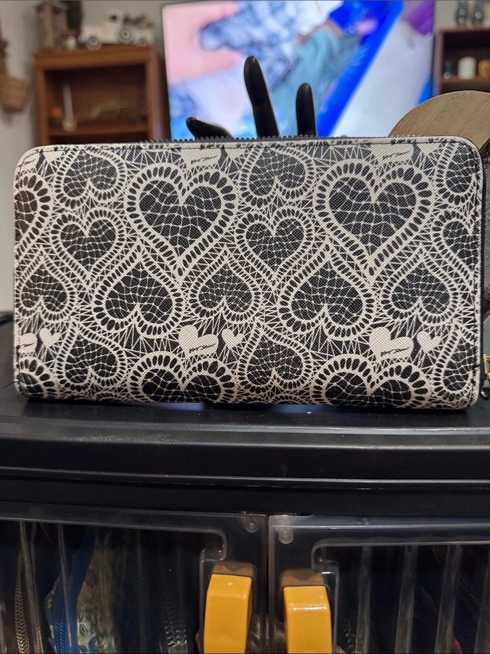 Betsey Johnson Black & White Lace & Heart Pattern Zip Wallet